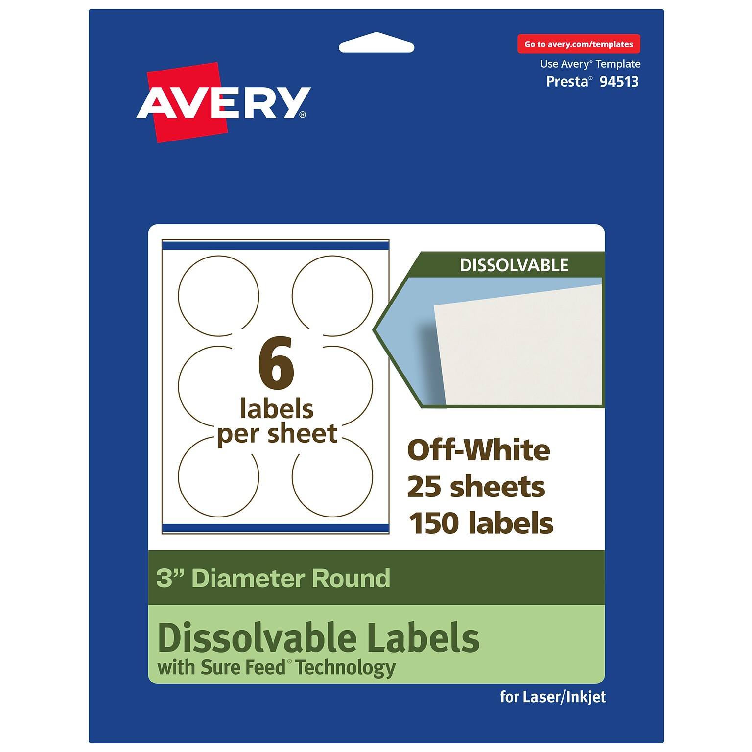 Avery Dissolvable Circle Multipurpose Labels, 3 Dia., Off-white, 150/Pack (94513)