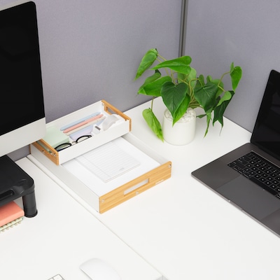 Mind Reader 2-Compartment Metal/Wood Tiered Desktop Organizer Trays, White (2TRAY-WHT)