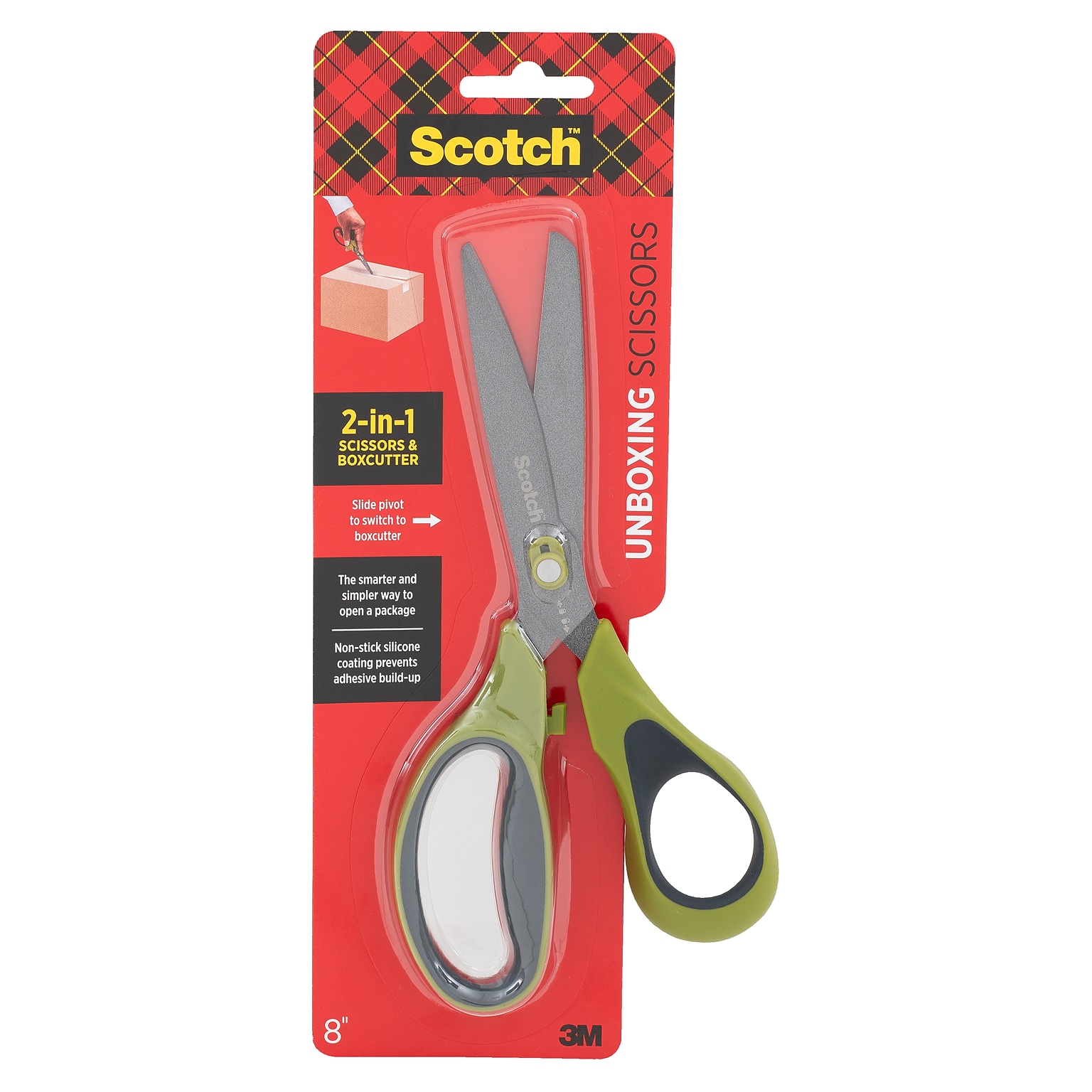 Scotch Non-Stick Unboxing 8 Scissors, Pointed Tip, Green (1488NS)