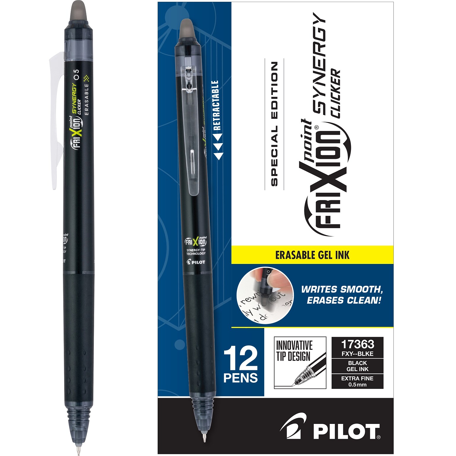 Pilot FriXion Synergy Clicker Erasable Gel Pen, Extra Fine Point, 0.5mm, Black Ink, Dozen (17363)