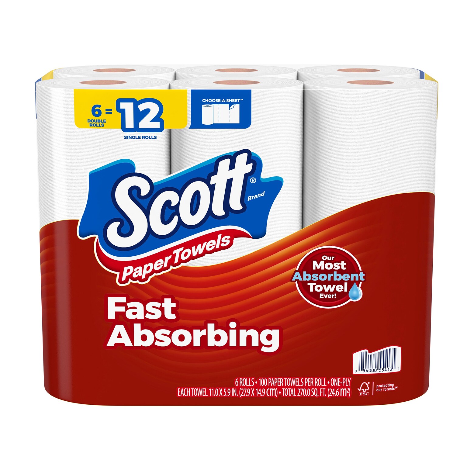 Scott Choose-A-Sheet Kitchen Roll Paper Towels, 1-ply, 102 Sheets/Roll, 6 Mega Rolls/Pack (16447/55413)