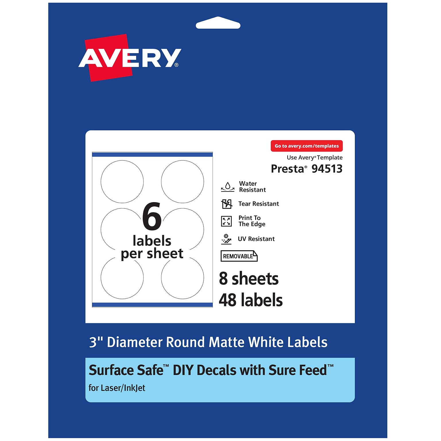 Avery Laser/Inkjet Round Multipurpose Labels, 3 Dia, 48 Labels/Pack (94513)
