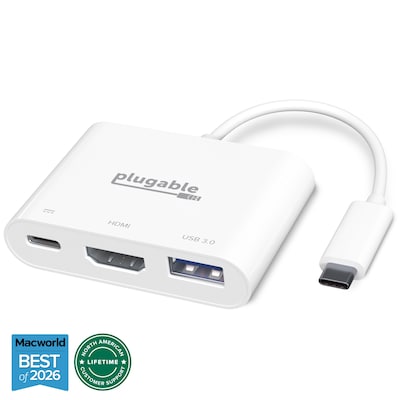 Plugable Mini Dock USB-C to HDMI/USB 3.0/USB-C Audio/Video Adapter, Male to Female/Female, White (USBC-MD103)