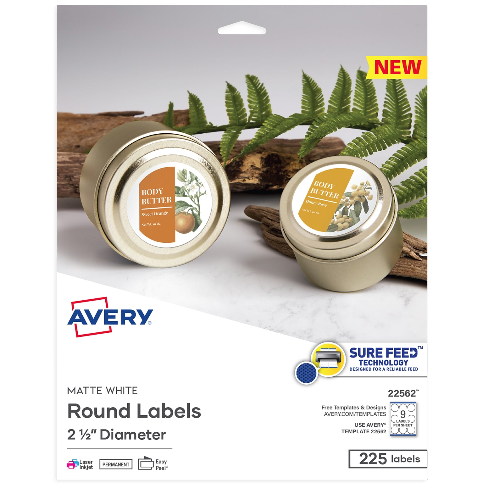 Avery Print-to-the-Edge Laser/Inkjet Round Labels, 2 1/2 Dia, White, 225 Labels/Pack (22562)