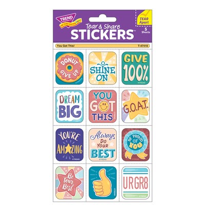 Trend Enterprises You Got This! Tear & Share Stickers, Multicolored, 60/ Pack, 6/Packs/Bundle (T-47410-6)