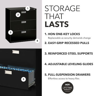 HON Brigade 600 Series 3-Drawer Lateral File Cabinet, Locking, Letter/Legal, Black, 36"W (H683.L.P)