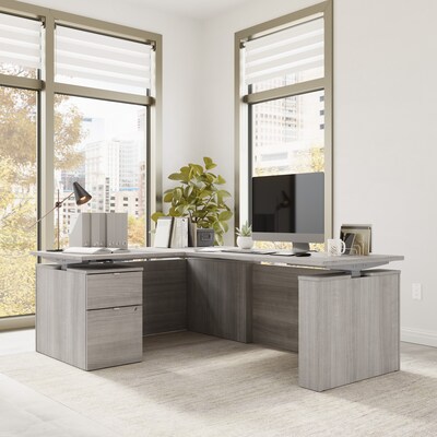 Bush Business Furniture Stratus 60W Electric L-Shaped Adjustable Standing Desk with Cabinet, Platinum Gray (SUT015PG)