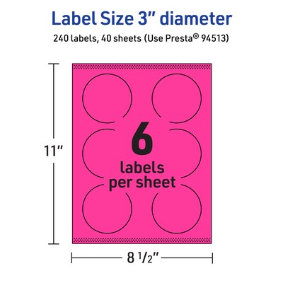 Avery Laser/Inkjet Round Multipurpose Labels, 3" Dia., Neon Magenta, 240/Pack (94513)