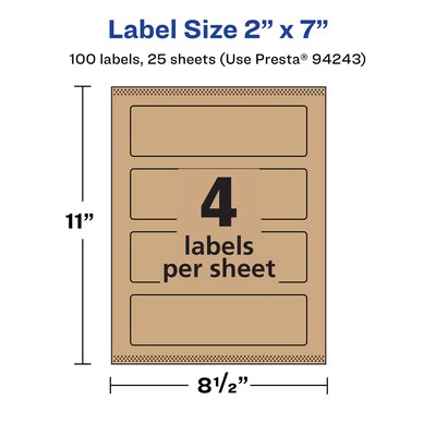 Avery Laser/Inkjet Rectangle Multipurpose Labels, 2" x 7", Kraft Brown, 100 Labels/Pack ( 94243)