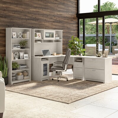 Bush Furniture Cabot 60"W L Shaped Computer Desk with Hutch, File Cabinet and Bookcase, Linen White Oak (CAB010LW)