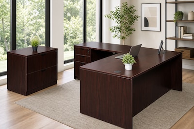 Boss Office Products 66" L-Shaped Desk with File Pedestal and Lateral File, Mahogany (GROUPA19-M)