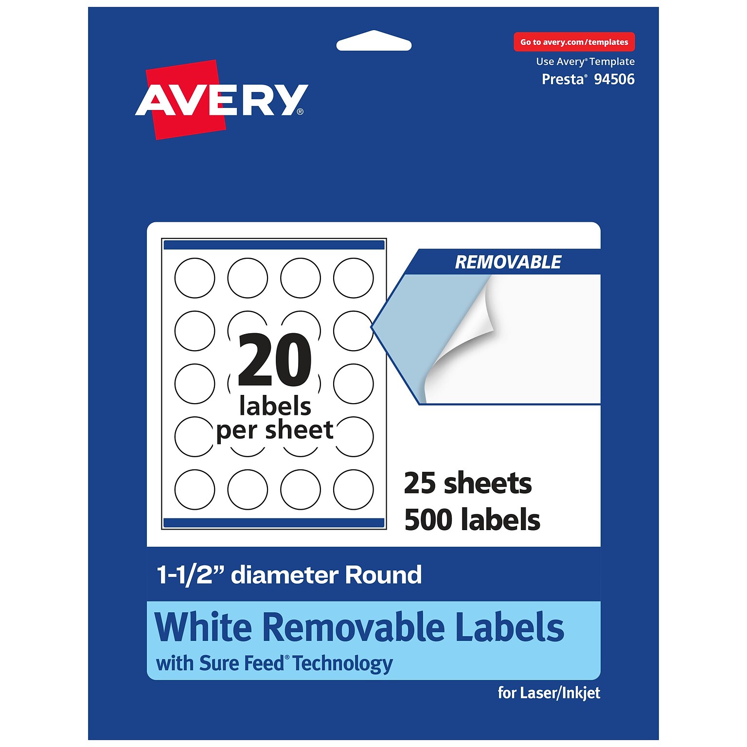 Avery Laser/Inkjet Round Multipurpose Labels, 1 0.5 Dia., 500 Labels/Pack (94506)
