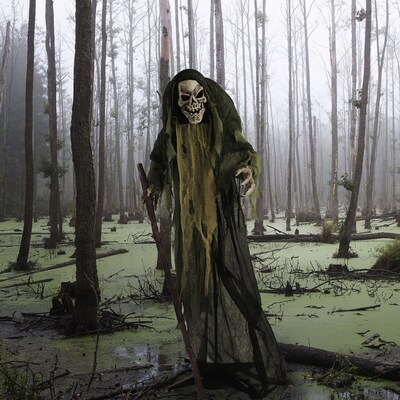 Haunted Hill Farm Life-Size Animatronic Skeleton Reaper Holding Staff (HHSKEL-7FLSA)