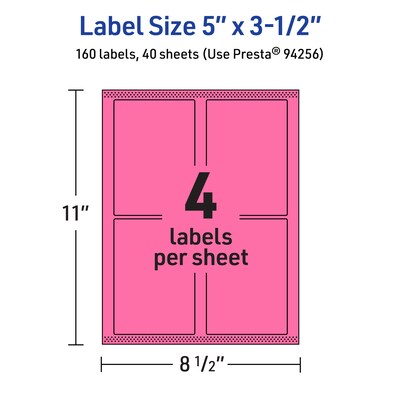 Avery Laser/Inkjet Rectangle Multipurpose Labels, 5" x 3.5", Bright Pink, 160/Pack (94256)