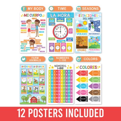 Hadley Designs 17" x 11"  Colorful Spanish Preschool Educational Posters, Laminated, 12/Set (HDDX004AH66RV)