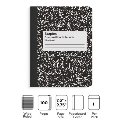 Staples® Composition Notebook, 7.5" x 9.75", Wide Ruled, 100 Sheets, Black (ST55076)