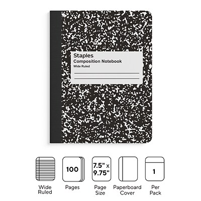 Staples Composition Notebook, 7.5 x 9.75, Wide Ruled, 80 Sheets, Black/White (TR55076)