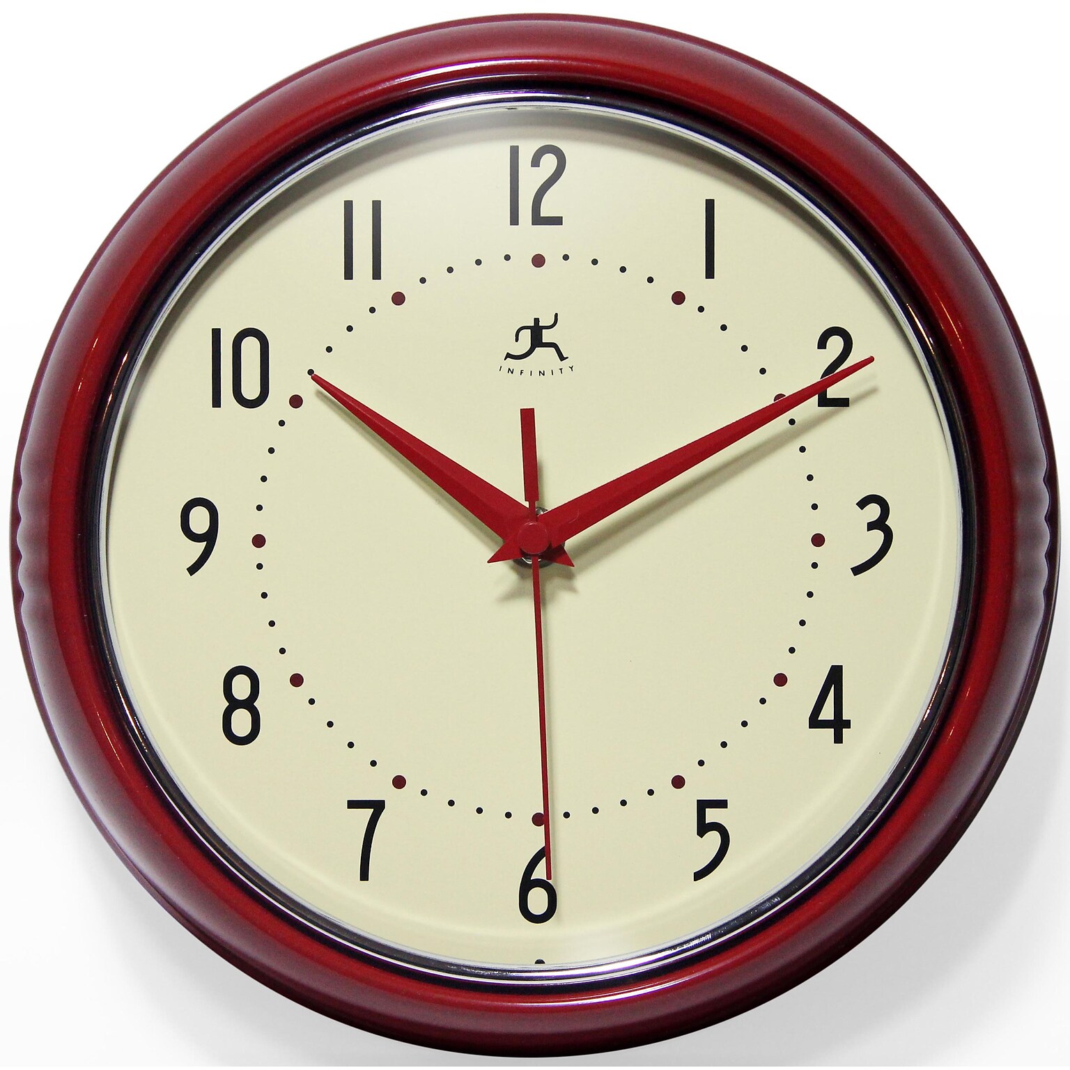 Infinity Instruments Round Retro Wall Clock, Aluminum, 9.5 (10940-RED)