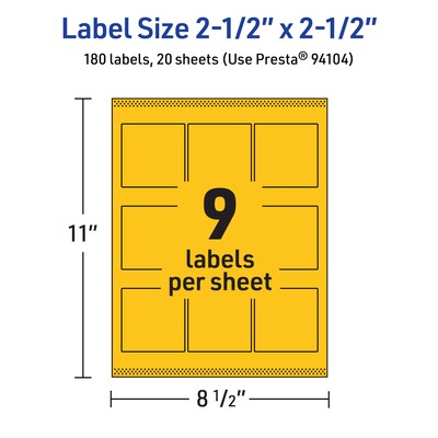 Avery Laser/Inkjet Square Multipurpose Labels, 2.5" x 2.5", Bright Yellow, 180/Pack (94104)