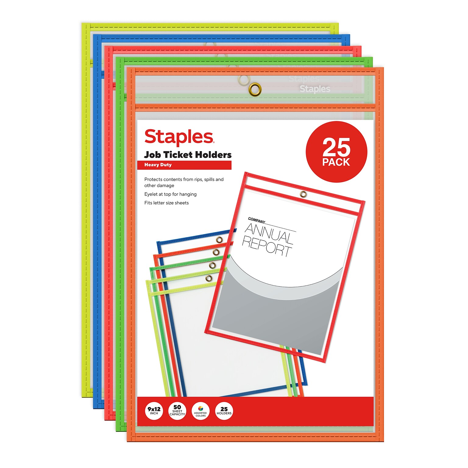 Staples Heavyweight Stitched Job Ticket Holder, 9 x 12, Assorted Colors, 25/Pack (ST63076)