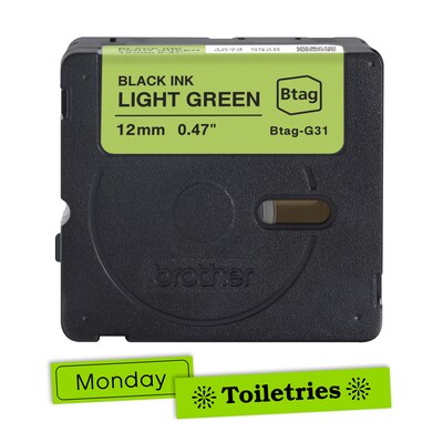 Brother P-touch Btag Label Tape, 1/2" x 13.1' (12mm x 4m), Black on Light Green (BTAGG31)