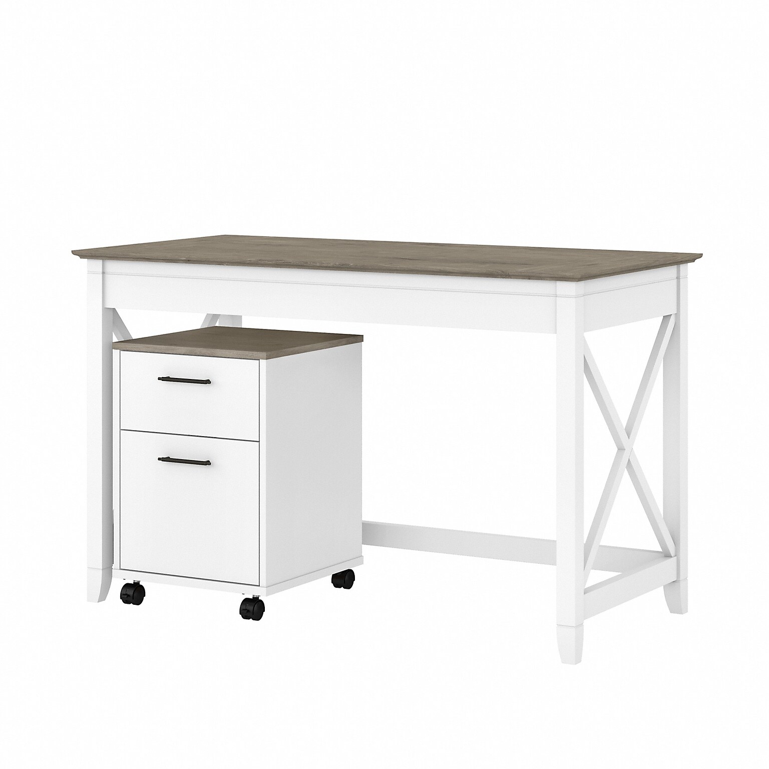 Bush Furniture Key West 48 Writing Desk with File Cabinet, Shiplap Gray/Pure White (KWS001G2W)