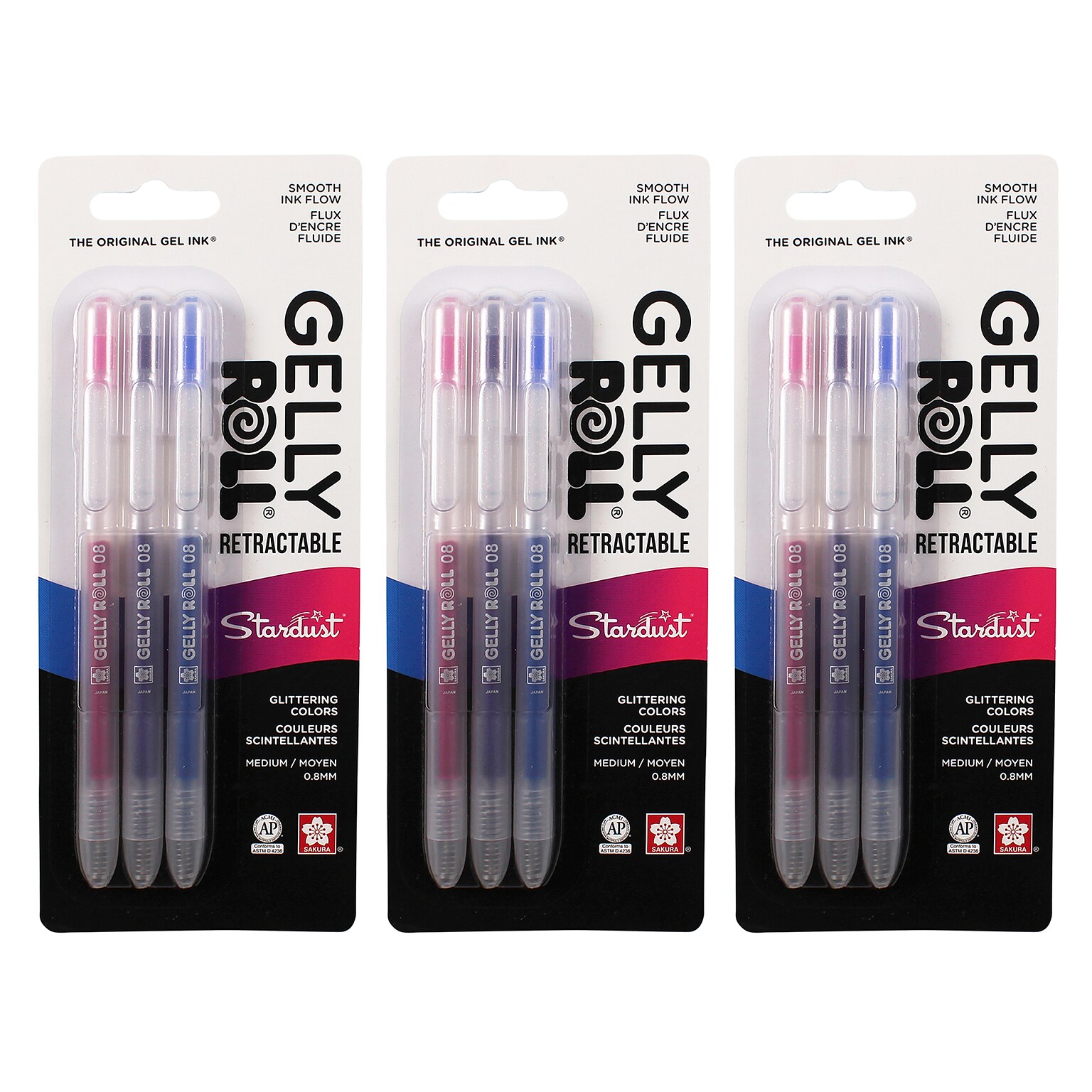 Sakura Stardust Retractable Pen, Liquid Ink, Assorted Ink, 3/Bundle (SAK50603-3)