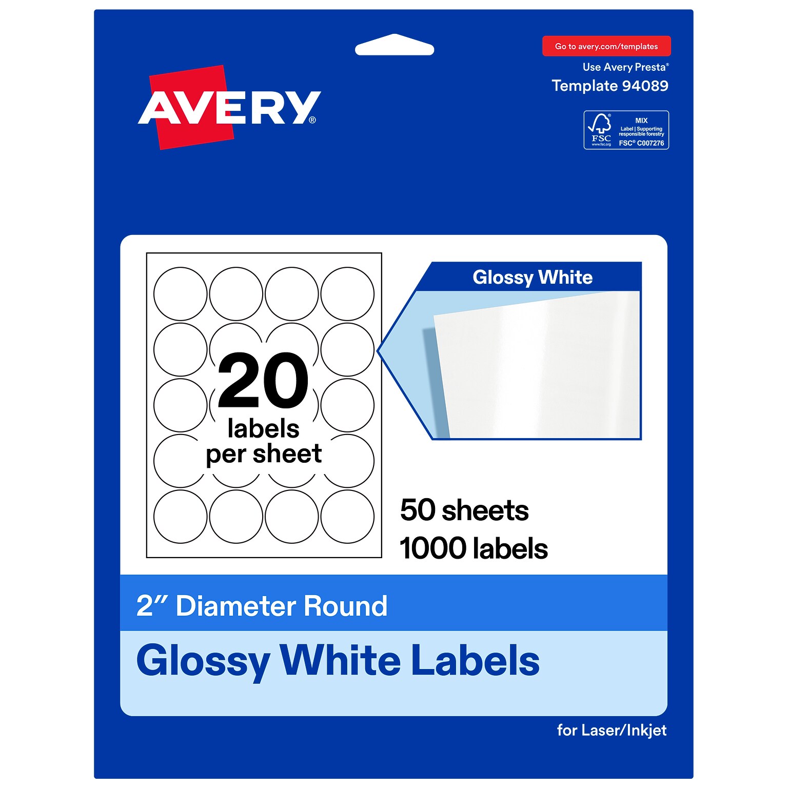 Avery Round Laser/Inkjet Multipurpose Labels, 2 Round, White, 20 Labels/Sheet, 50 Sheets/Pack (19479311229)