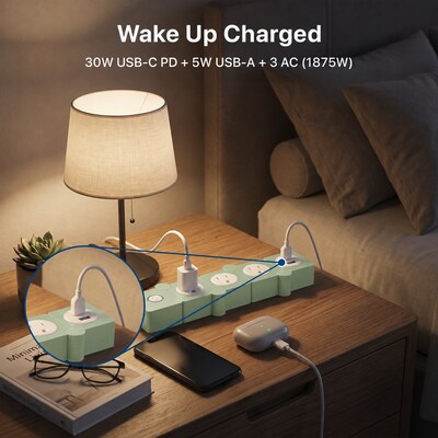 Uncaged Ergonomics Flexible 5' Extension Cord, 3-Outlet, USB-C/A Port, 14 AWG, Green, 2/Pack (2xFPS-Green)