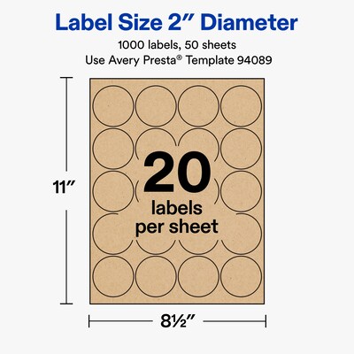 Avery Round Laser/Inkjet Multipurpose Labels, 2" Round, Kraft Brown, 20 Labels/Sheet, 50 Sheets/Pack (19479311173)