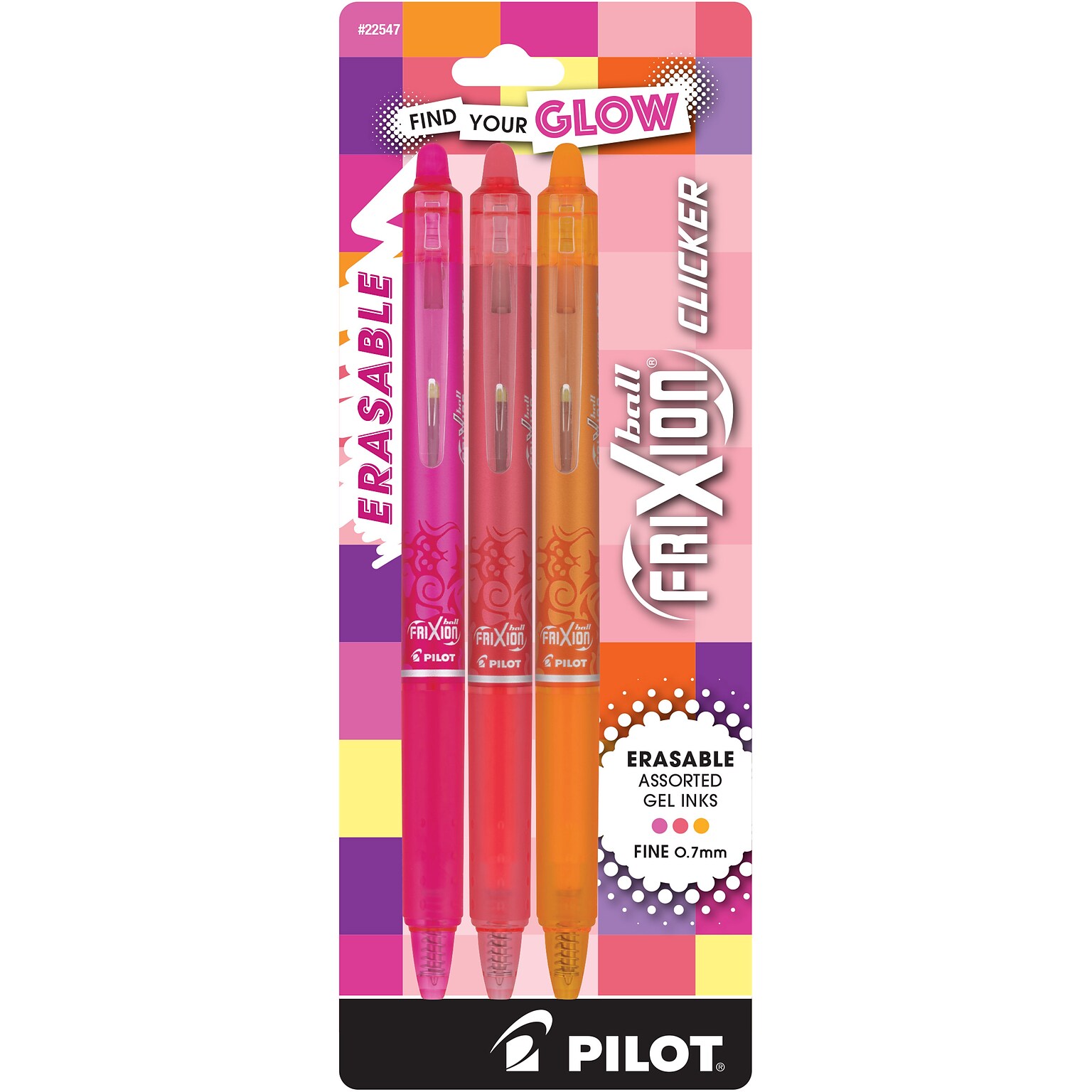 Pilot FriXion Clicker Vibe Erasable Gel Pens, Fine Point, 0.7mm, Assorted Ink, 3/Pack (22547)