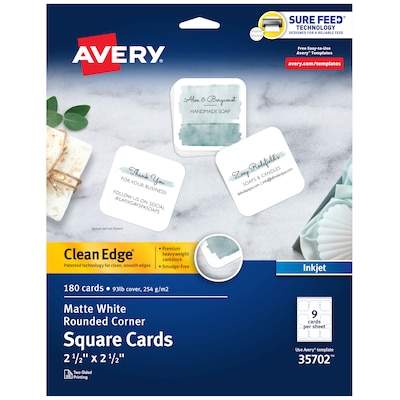 Avery Clean EdgeBusiness Cards, 2.5 x 2.5, White, 9 Cards/Sheet, 180 Cards/Pack (35702)