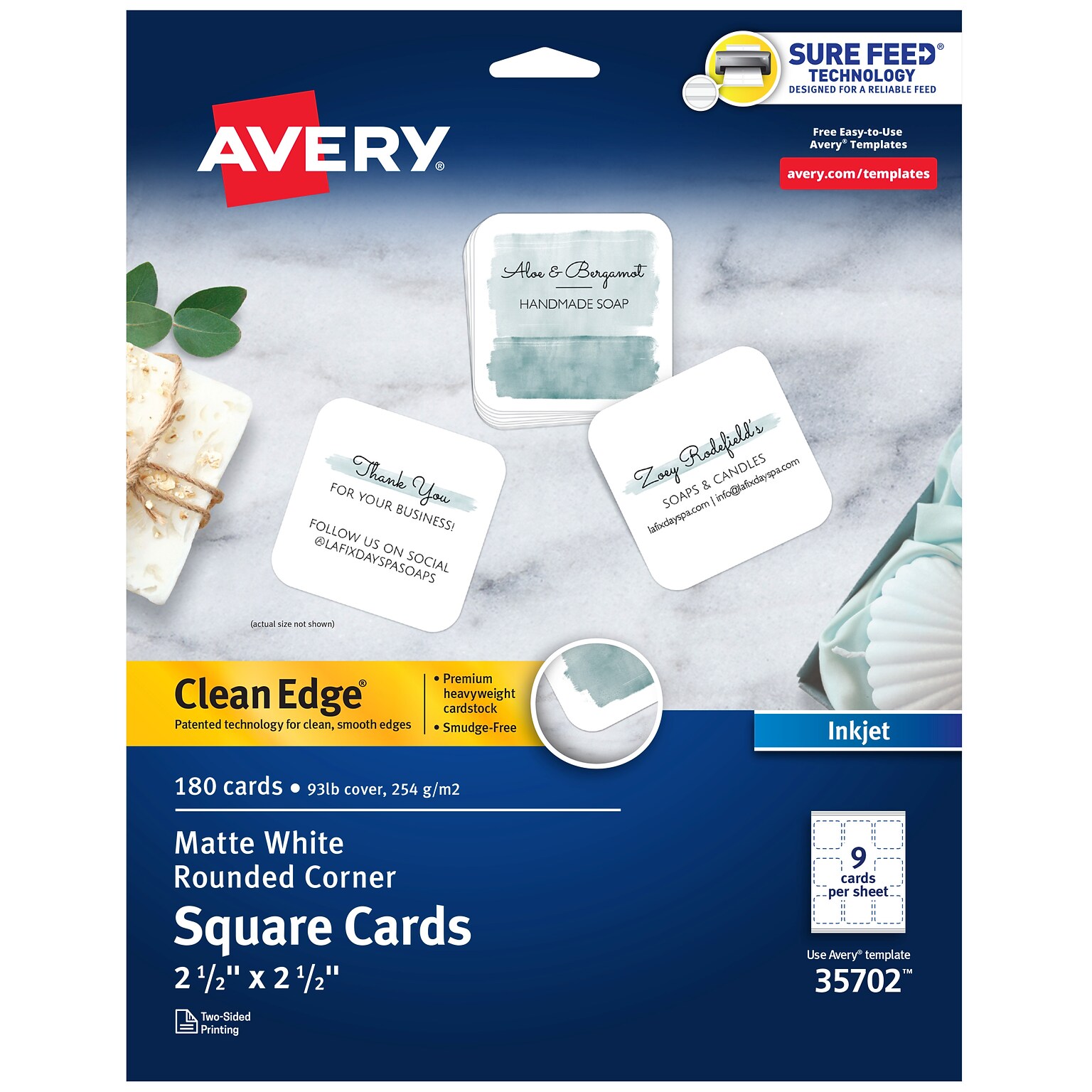 Avery Clean EdgeBusiness Cards, 2.5 x 2.5, White, 9 Cards/Sheet, 180 Cards/Pack (35702)