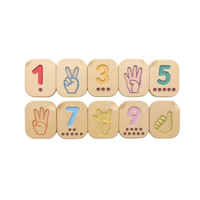 Plan Toys, Wooden Hand Sign Numbers 1-10 Tiles, Multicolored, 10/Pack (PTS5655)