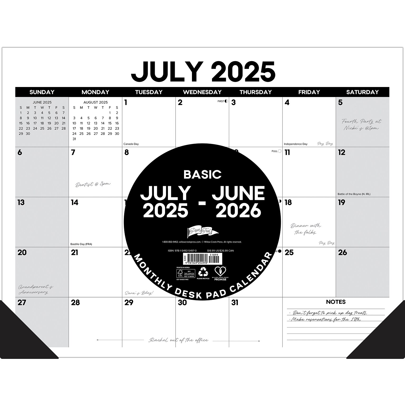 2025-2026 Willow Creek Basic 22 x 17 Academic Monthly Desk Pad Calendar, Black/White (54970)