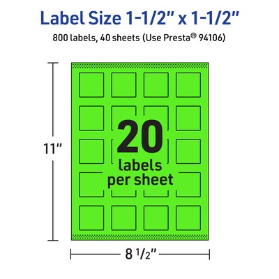 Avery Laser/Inkjet Multipurpose Square Labels, 1.5" x 1.5", Neon Green, 800/Pack (94106)