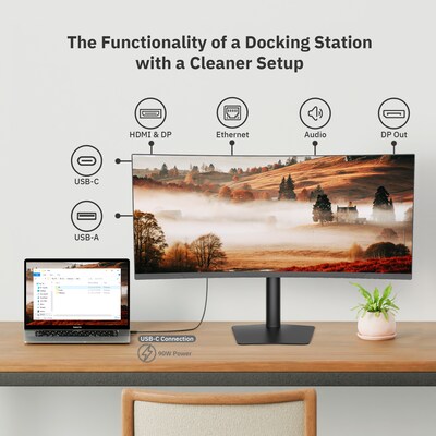 CODi Ultrawide 34 Curved QHD 100Hz LED Monitor, Adjustable, Universal Docking Station, Black (MO34H