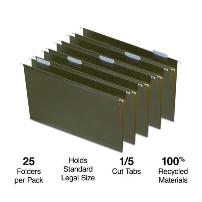 Staples® Recycled Hanging File Folder, 5-Tab, Legal Size, Standard Green, 25/Box (TR16402)