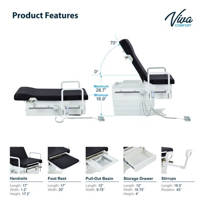 Viva Comfort Pointe Power Electric Pelvic Tilt Exam Table w/Stirrups, Knee Crutches, Hand Rails, 396lbs. Capacity, Black