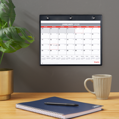 2026 Staples 11" x 8" Monthly Wall Calendar, White/Red/Gray (ST12949-26)