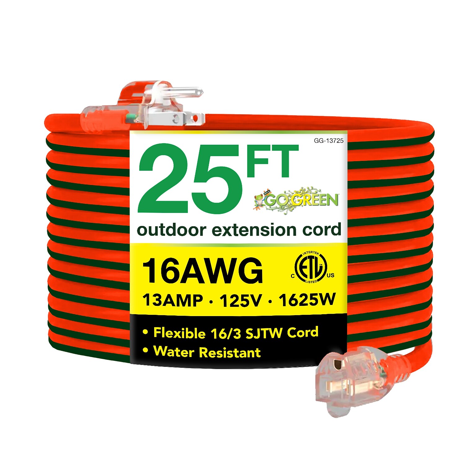 GoGreen Power 25 Indoor/Outdoor Extension Cord, 16 AWG, Orange (GG-13725)