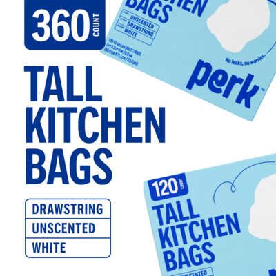 Perk™ 13 Gallon Kitchen Trash Bag, 28" x 24", Low Density, 0.9 mil, White, 120 Bags/Box, 3 Boxes/Carton (PK56750CT)