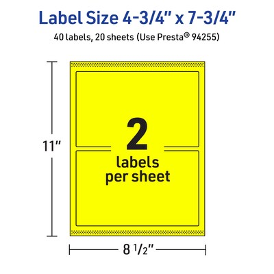 Avery Rectangle Multipurpose Labels, 4.75" x 7.75", Neon Yellow, 40/Pack (94255)