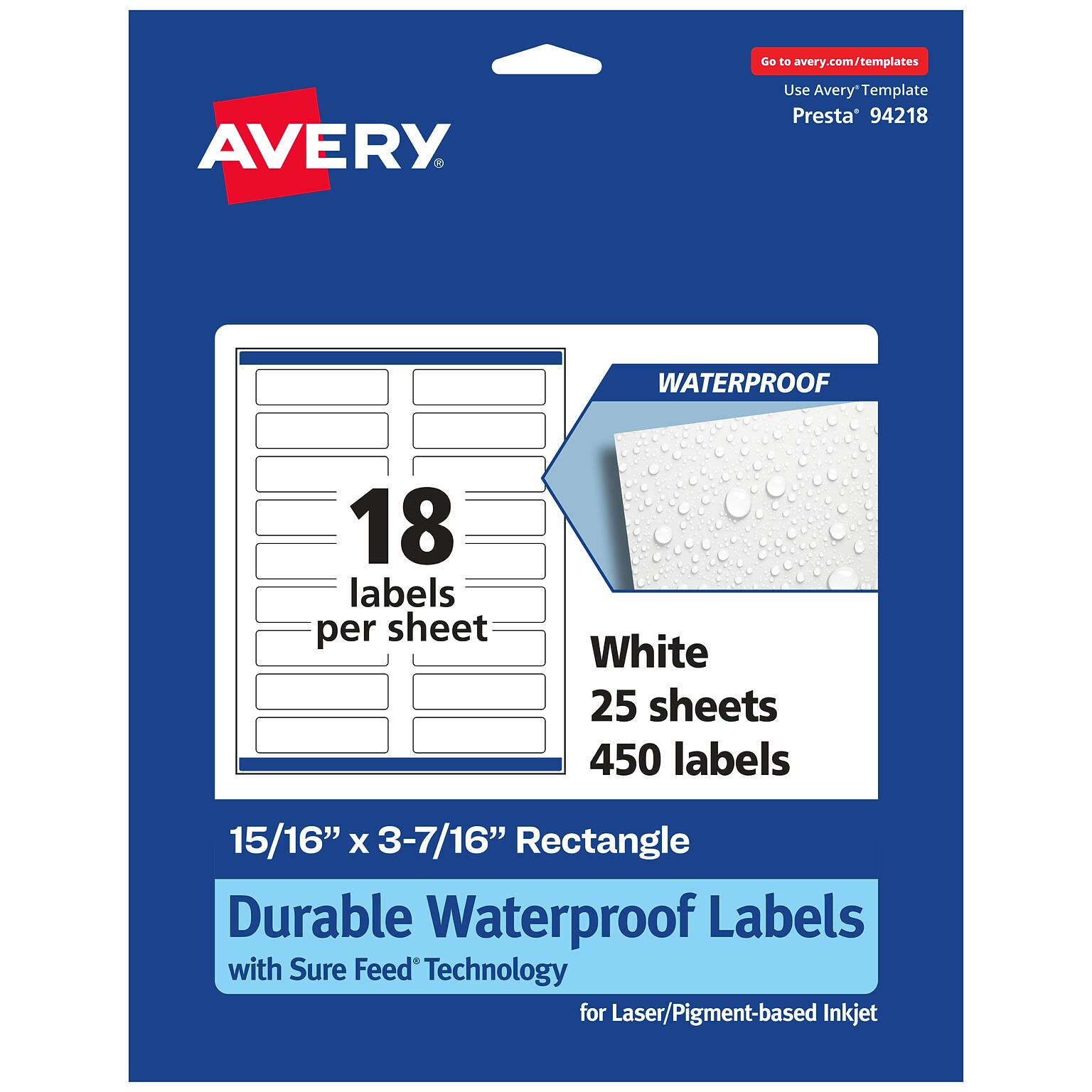 Avery Laser/Inkjet Rectangle Waterproof Multipurpose Labels, 3.4375  x 0.9375, White, 450/Pack (94218)