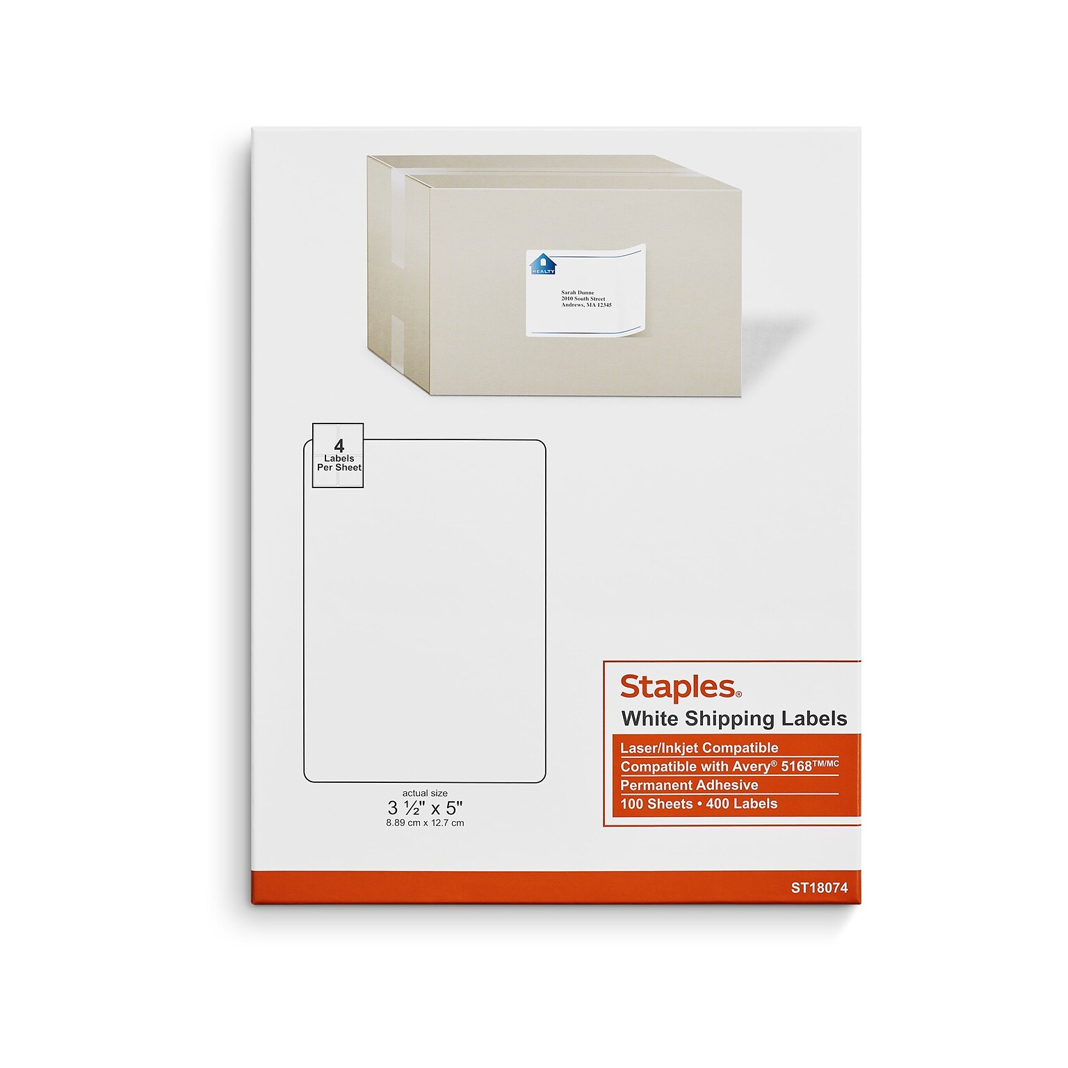 Staples Laser/Inkjet Shipping Labels, 3 1/2 x 5, Bright White, 4 Labels/Sheet, 100 Sheets/Pack, 400 Labels/Box (18074-CC)