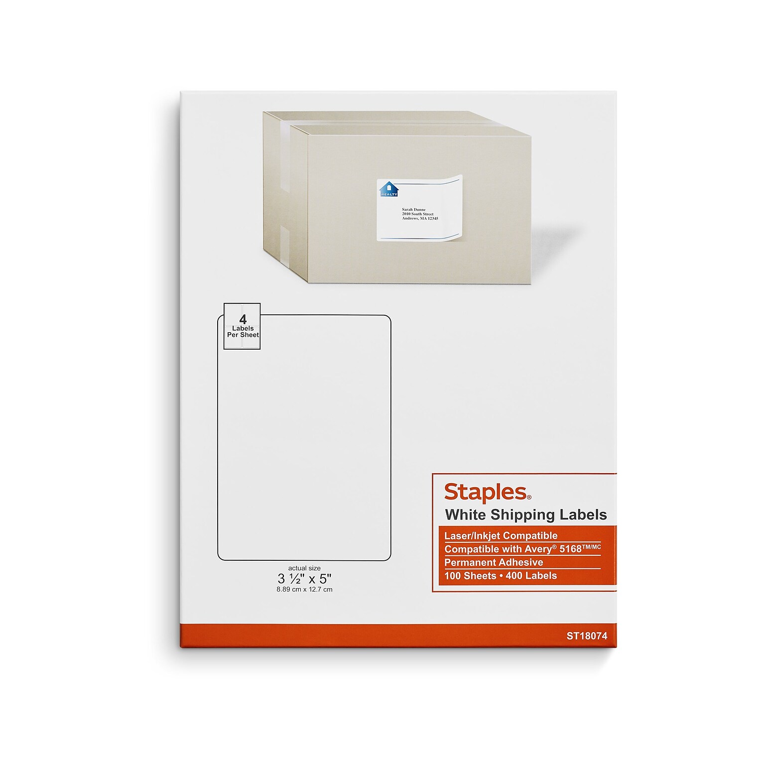 Staples Laser/Inkjet Shipping Labels, 3 1/2 x 5, Bright White, 4 Labels/Sheet, 100 Sheets/Pack, 400 Labels/Box (ST18074-CC)