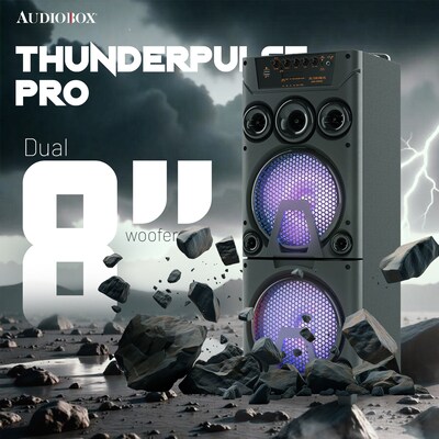 Audiobox Wireless Bluetooth Party Speaker with Dual 8-In. Woofers, Lights, Wireless Mics, WaveSync & Remote, Black (ABX-8080R)