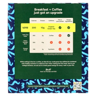 VERB Caffeinated Gluten Free Oatmeal Chocolate Chip Protein Bar, 1.8 oz., 12/Pack (220-02523)