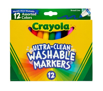 Crayola Ultra-Clean Washable Markers, Broad, Assorted Colors, 12/Box (58-7812)