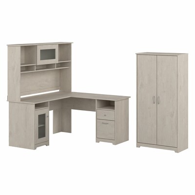 Bush Furniture Cabot 60 L-Shaped Desk with Hutch and Tall Storage Cabinet, Linen White Oak (CAB017L